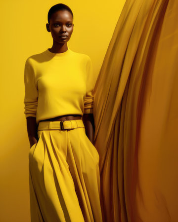 Vertical portrait of a young African American fashion model wearing yellow clothing isolated from the background. Generative AI.の素材