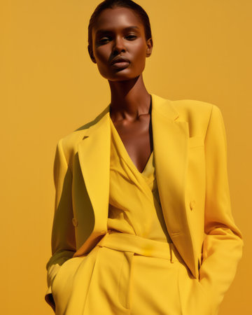 Vertical portrait of a young African American fashion model wearing yellow clothing isolated from the background. Generative AI.の素材