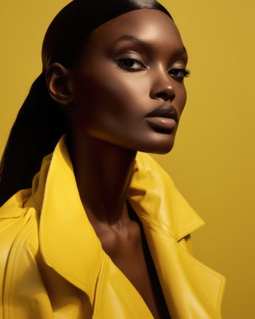 Vertical portrait of a young African American fashion model wearing yellow clothing isolated from the background. Generative AI.の素材