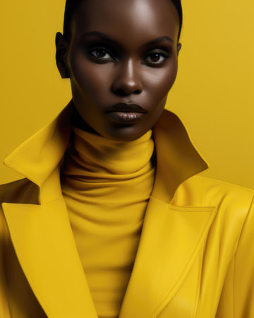 Vertical portrait of a young African American fashion model wearing yellow clothing isolated from the background. Generative AI.の素材
