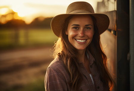 Portrait of a beautiful young woman in her farm. Generative AI.の素材