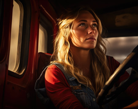 Portrait of a beautiful farmer young woman in her tractor. Generative AI.の素材