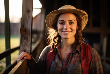 Portrait of a beautiful young woman in her farm. Generative AI.の素材