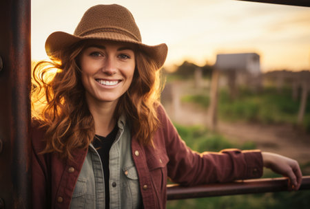 Portrait of a beautiful young woman in her farm. Generative AI.の素材
