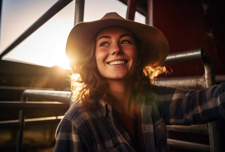Portrait of a beautiful young woman in her farm. Generative AI.の素材