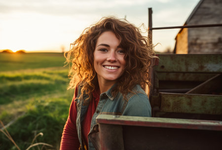 Portrait of a beautiful young woman in her farm. Generative AI.の素材