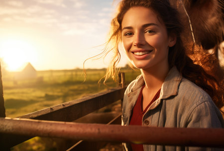 Portrait of a beautiful young woman in her farm. Generative AI.の素材
