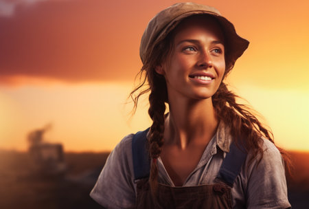 Portrait of a beautiful young farmer woman in her farm at sunset. Generative AI.の素材