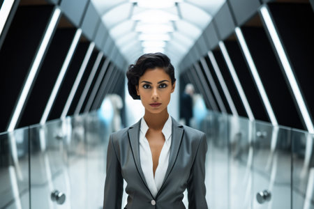 Close up of a young Indian businesswoman with an empty office background. Generative AI.の素材