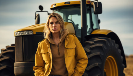 Close up of a young framer woman next to her tractor. Generative AI.の素材