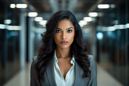 Close up of a young Indian businesswoman with an empty office background. Generative AI.の素材