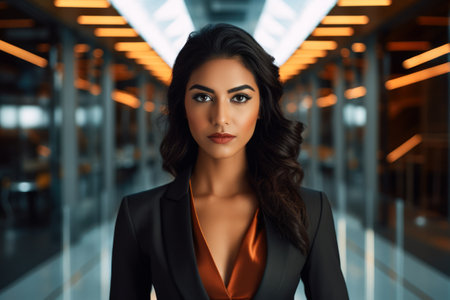 Close up of a young Indian businesswoman with an empty office background. Generative AI.の素材