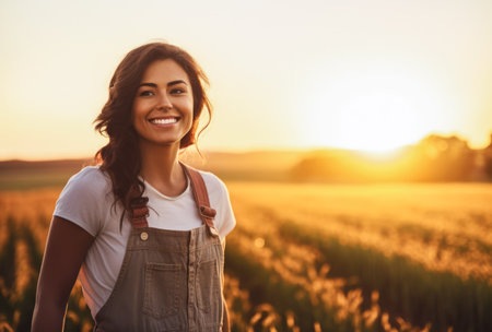 Portrait of a beautiful young farmer woman in her farm at sunset. Generative AI.の素材