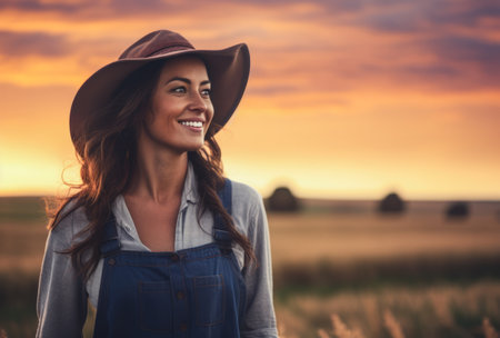 Portrait of a beautiful young farmer woman in her farm at sunset. Generative AI.の素材