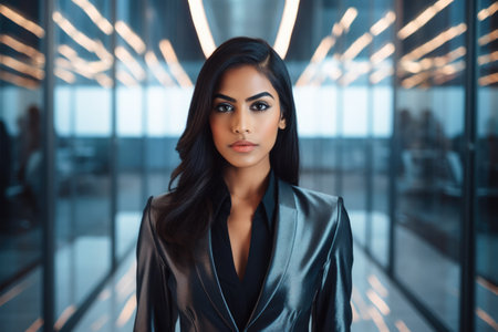 Close up of a young Indian businesswoman with an empty office background. Generative AI.の素材