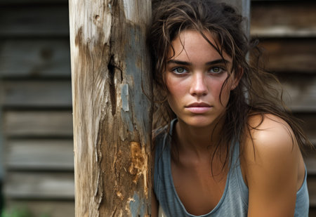Young woman leaning against a pole in her farm. Generative AI.の素材