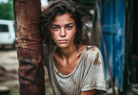 Young woman leaning against a pole in her farm. Generative AI.の素材