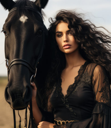 Vertical portrait of a beautiful woman next to a black horse. Generative AI.の素材