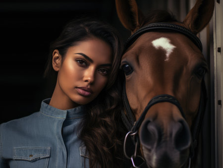 Young Indian woman next to a brown horse. Generative AI.の素材