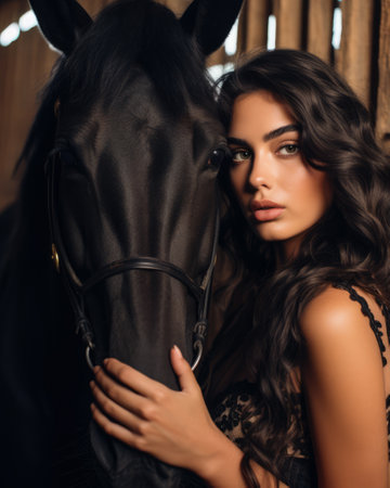 Vertical portrait of a beautiful woman next to a black horse. Generative AI.の素材