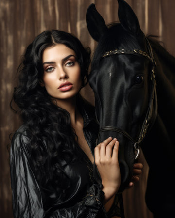 Vertical portrait of a beautiful woman next to a black horse. Generative AI.の素材