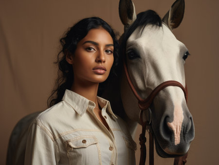 Young Indian woman next to a brown horse. Generative AI.の素材