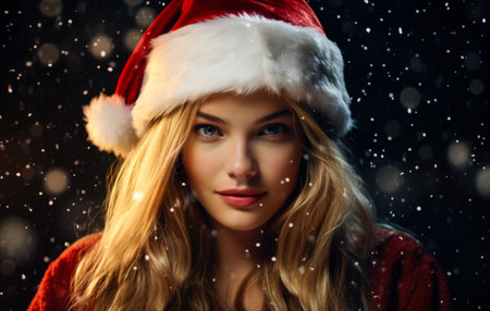 Young woman in a Santa Claus outfit with a Christmas background. Generative AIの素材
