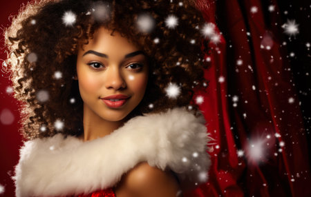 Young African American girl in a Santa Claus outfit with a Christmas background. Generative AI.の素材