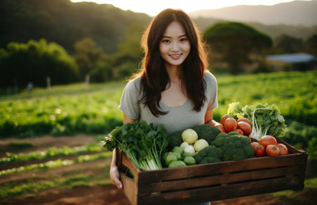 Young Korean girl with a wooden box of fresh vegetables. Generative AI.の素材