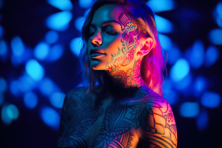 Young woman with glow paint on her face and body. Artistic makeup concept image. Generative AI.の素材