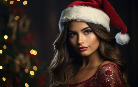 Young latin woman in a Santa Claus outfit with a Christmas background. Generative AI.の素材
