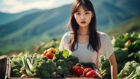 Young Korean girl with a wooden box of fresh vegetables. Generative AI.の素材