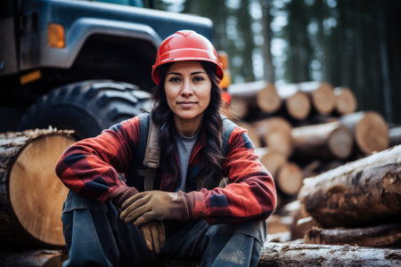 Young latin logging worker woman at work. Generative AI.の素材