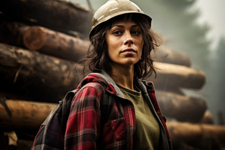 Young logging worker woman at work. Generative AI.の素材