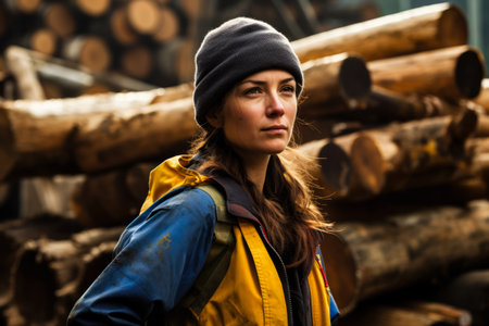 Young logging worker woman at work. Generative AI.の素材