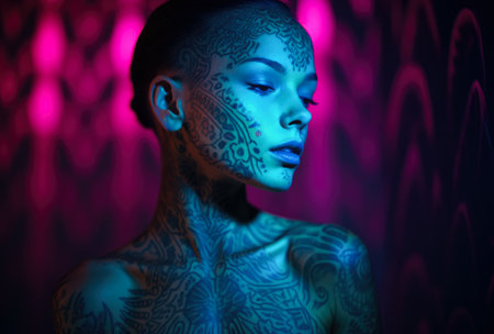 Young woman with glow paint on her face and body. Artistic makeup concept image. Generative AI.の素材