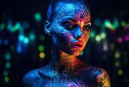 Young woman with glow paint on her face and body. Artistic makeup concept image. Generative AI.の素材