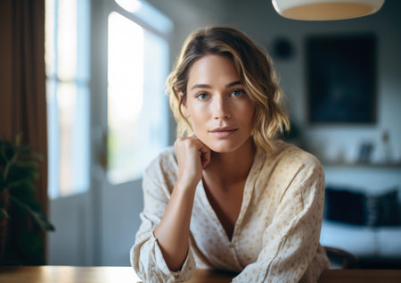 Beautiful young woman at her luxury home. Generative AI.の素材