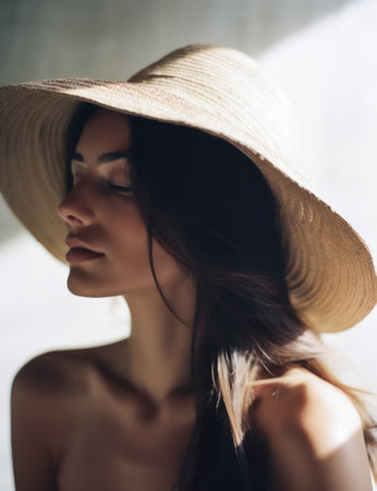Vertical shot of an attractive woman at the beach wearing a hat and looking at the camera. Generative AI.の素材