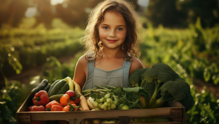 Young girl with a wooden box of fresh vegetables in a farm. Generative AI.の素材