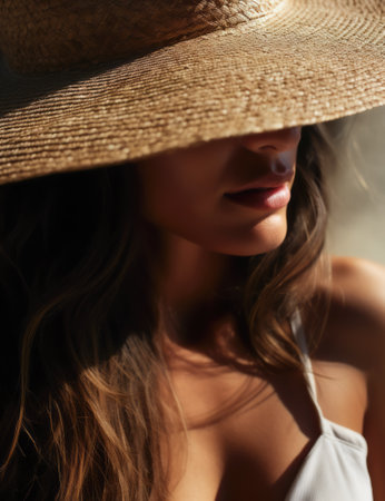 Vertical shot of an attractive woman at the beach wearing a hat and looking at the camera. Generative AI.の素材