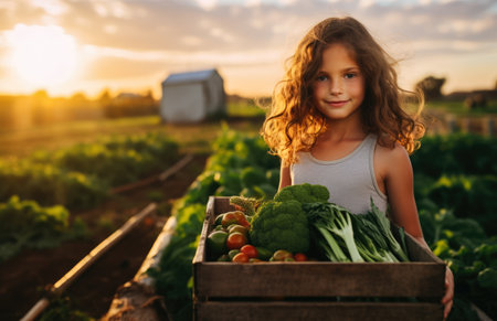 Young girl with a wooden box of fresh vegetables in a farm. Generative AI.の素材