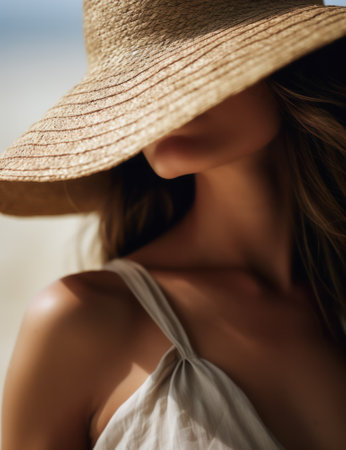 Vertical shot of an attractive woman at the beach wearing a hat and looking at the camera. Generative AI.の素材