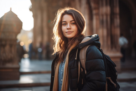 Pensive female tourist in front of a landmark. Generative AI.の素材