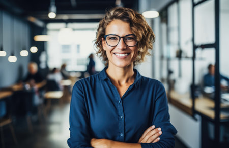 Confident businesswoman with glasses with her office as background. Generative AI.の素材