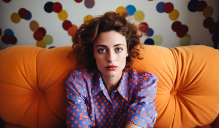 Multicultural woman in a polka dot blouse sitting on a couch. Generative AI.の素材