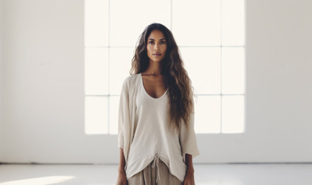 Multicultural woman dressed in white alone in an empty white room. Generative AI.の素材