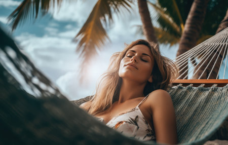 Sexy young woman relaxing on a hammock while on holidays. Generative AI.の素材