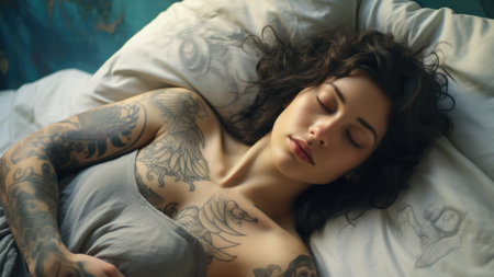 Tattooed young woman sleeping on her bed. Generative AI.の素材