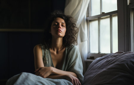 Young sleepless woman on her bed. Concept image on mental health issues. Generative AI.の素材